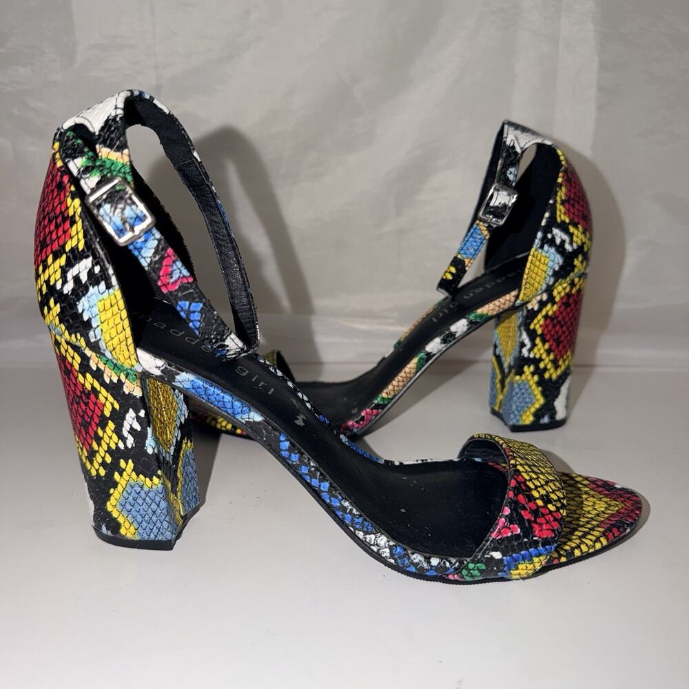 Madden Girl Beella Multi Color Snakeskin Block Heel Ankle Strap Sandals - Picture 6 of 9